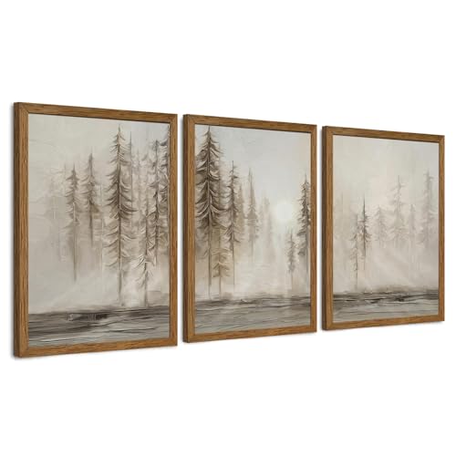 Urmoya 3 Pieces Scandinavian Pine Tree Neutral Forest Wall Art 12x16 in | Wood framed canvas, Forest scene, Nordic modern style, Ready to hang, for living room, hallway, office, or bedroom decor - color: Sunny Forest, size: 16"L x 12"W