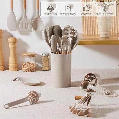 E-far Silicone Kitchen Utensils Set with Holder, 25-Piece Cooking Utensil Set with Wooden Handle for Nonstick Cookware, 446°F Heat Resistant Kitchen Tool Spatula Tong Whisk, Non-toxic & Healthy, Khaki - color: Khaki, size: 25