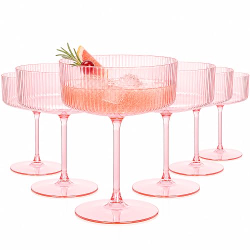 Ciaell 12 Pack Pink Plastic Martini Glasses for Bars Parties | 10 oz Pink Ribbed Coupe Cups, Heavy Duty Plastic, Cocktails Whiskey Margaritas Wine for Weddings Outdoor Gatherings Dinners - color: Pink