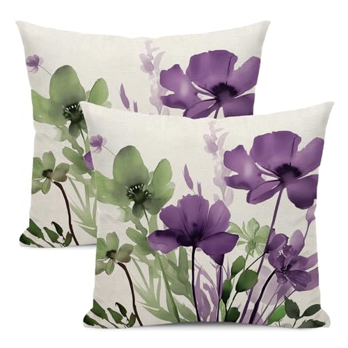 Spring Floral Pillow Covers 18x18 Inches Set of 2 Sage Green Purple Floral Throw Pillow Cover Outdoor Rustic Summer Flower Decoration Pillowcase Farmhouse Decorative Cushion Cover For Home Sofa - color: Flower- Sage Green Purple, size: 18" x 18" (Pack of
