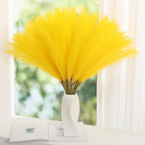 Wertuirk Faux Yellow Pampas Grass - 60pcs 24 Inch Artificial Pampas Decor | Short Fake Pompas Floral for Vase Filler, Wedding Flower Arrangement, Party and Home Decor (Yellow, 60 Pieces) - color: Yellow, size: 60 Pieces