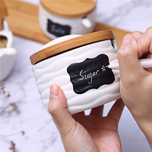 Ceramic Sugar Bowl with Bamboo Lids and Spoons Serving Tray, Porcelain Sugar Container for Sugar Tea Coffee Spice,Salt Condiment with Chalkboard Labels for Home Kitchen,9.1 fl oz 270 ML - color: C-001-2