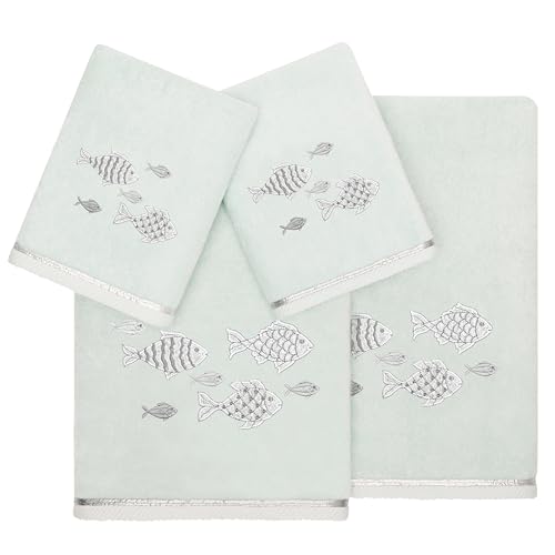 Treasure 4-Piece Premium Towel Set, Sparkling Applique Fish, Ultra Plush Turkish Cotton, Durable, Perfect for Bathroom, 2 Bath 2 Hand Towels, Aqua - color: Aqua, size: 2 Pcs Bath 2 Pcs Hand Towel