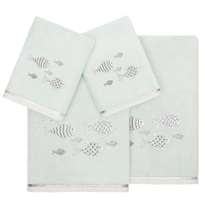 Treasure 4-Piece Premium Towel Set, Sparkling Applique Fish, Ultra Plush Turkish Cotton, Durable, Perfect for Bathroom, 2 Bath 2 Hand Towels, Aqua - color: Aqua, size: 2 Pcs Bath 2 Pcs Hand Towel