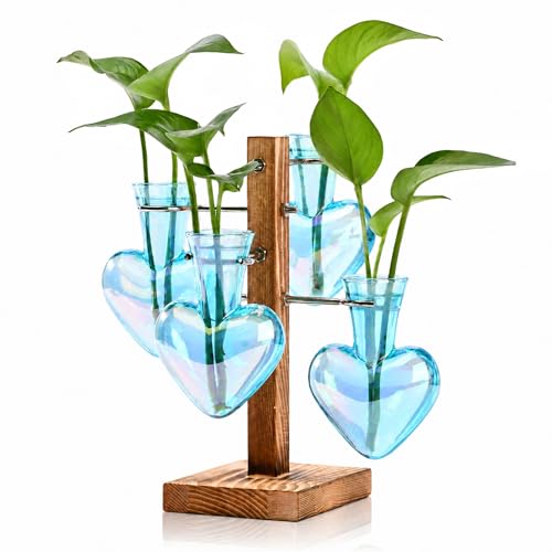 Plant Terrarium Propagation Stations: Blue Vase with Wooden Stand | 4 Irised Crystal Glass, Heart Shaped, Home Table Decor, Birthday Gifts for Plant Lovers Women Mom Wife - color: Blue
