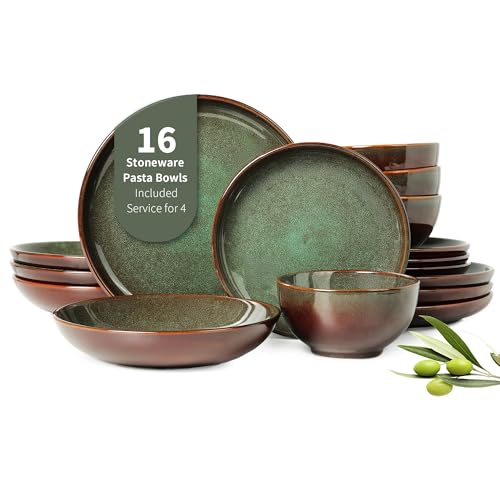 16 Piece Double Bowl Dinnerware Sets with Pasta Bowls, Highly Chip and Crack Resistant Plates and Bowls Sets, Natural Earthyware Ceramic Dishware Sets, Service for 4 Sage Green - color: Brown Green, size: 16pcs (for 4)