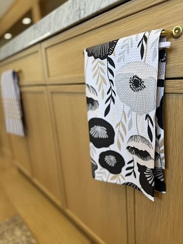 Kitchen Towels, Dish Towels for Kitchen, 3 Pc Kitchen Towel Set | Microfiber Waffle Towels, 16 x 26 inches, with Hanging Loops, Reusable Tea Towels, Cute Kitchen Towels - 3 Pack - color: Tan/ Gray