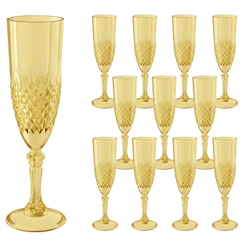12 Pack Plastic Champagne Flutes, Gold Reusable Champagne Glass | Unbreakable Hard Plastic Mimosa Cups Bulk with Stem, Fancy Stemware for Wedding, Party & NYE Celebration - color: Gold