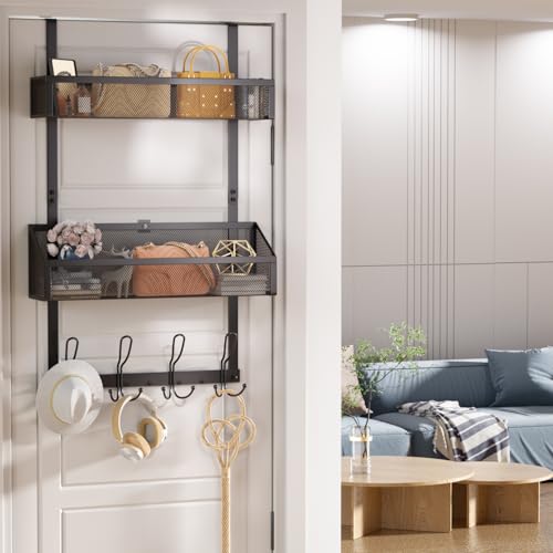 2-Tier Over Door Hook & Basket Organizer 12 Hooks + 2 Mesh Baskets for Bathroom Towels, Kitchen Pantry & Bedroom Storage, No-Drill Hanging Rack, Black - color: 2 Mesh Basket-Black