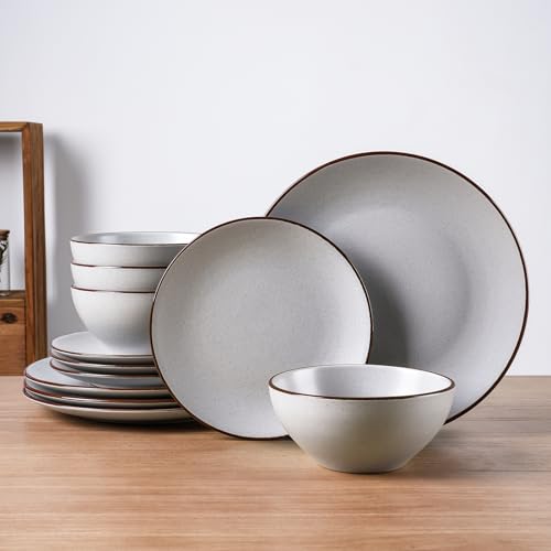 Famiware Venus Plates and Bowls Sets with Rim, 12pc Ceramic Dish Set for 4 | Matte Light Gray, Stoneware Speckled Dinnerware, Chip Resistant, Microwave & Dishwasher Safe, Modern Minimalist, Everyday Use - color: Light Gray, size: Serves 4 (12pc)