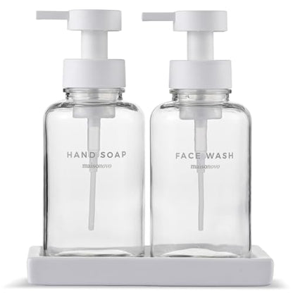 MaisoNovo Glass Foaming Soap Dispenser 14 Oz | Glass Bottles Pumps x 2 Clear with Tray - color: Clear Bottles/White Plastic Pumps/Ceramic Tray