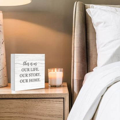 This Is Us Our Life Our Story Our Home Wooden Box Sign Decor, Family Signs for Living Room Entryway, Welcome Plaques for Desk Table Wall, Housewarming Gifts for New Home, 5x5 Inch
