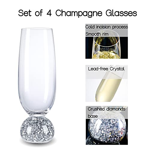 Hanjue Champagne Glasses Set of 4, Champagne Flutes, 7 Oz Lead-free Crystal glass, Clear Glasses Set, Bar Glassware, Ideal for Parties, Wedding, Birthday, Christmas, Long-lasting reusable glasses - color: Crushed diamonds