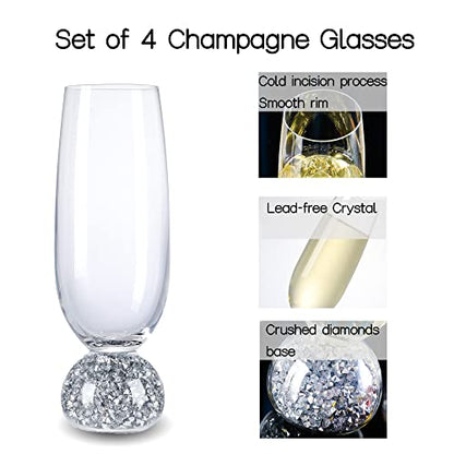 Hanjue Champagne Glasses Set of 4, Champagne Flutes, 7 Oz Lead-free Crystal glass, Clear Glasses Set, Bar Glassware, Ideal for Parties, Wedding, Birthday, Christmas, Long-lasting reusable glasses - color: Crushed diamonds