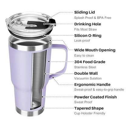 20 oz Tumbler with Handle, Stainless Steel Insulated Tumbler with Lid and Straw, Double Wall Vacuum Coffee Mug Tumbler, Insulated Coffee Thermal Cup for Cold and Hot (Light Purple) - color: Light Purple, size: 20 Ounces