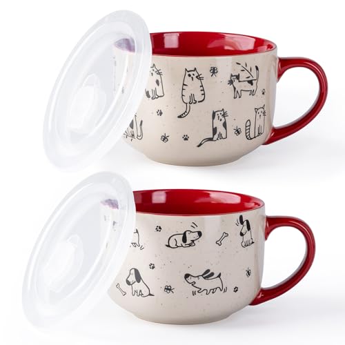 AmorArc 24 Ounces Ceramic Soup Mugs with Lids and Handle, Stoneware Bowls Cup Set of 2 for Soup, Stew, Noodle, Beautiful Mug Bowls With Lovely Dog,Cat Patterns, Microwave&Dishwasher Safe,Red - color: Red, size: 24oz