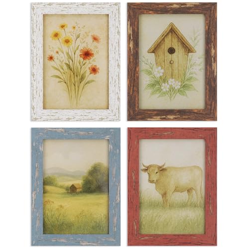 4x6 Rustic Farmhouse Picture Frames with Vintage Prints, Set of 4 | Distressed MDF wood-look frames in assorted colors with acrylic fronts for gallery walls, shelves, desks, or tabletops - color: Multicolour 4, size: 4x6