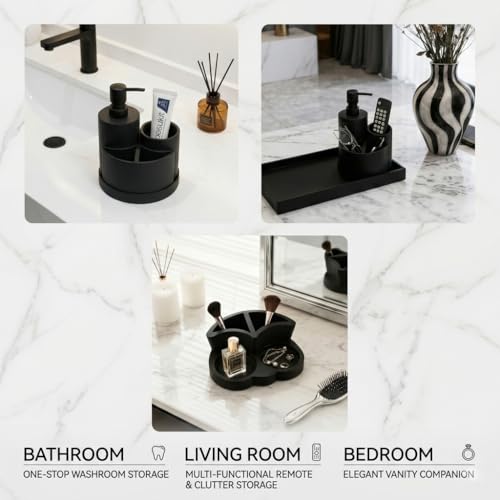 Black Resin Bathroom Accessories Set, Removable, 3 Piece Easy-to-Clean | Soap Dispenser, Toothbrush Holder, Tumbler & Countertop Organizer,Bathroom Accessory Set for Home, Apartment & Guest Bathroom