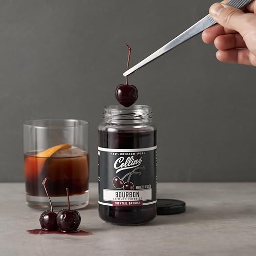 Collins Bourbon Cocktail Cherries - Drinks Garnish for Manhattan or Old Fashioned Cocktails and Desserts, Made with Award Winning Whiskey, 11 Ounce Glass Jar