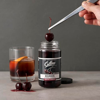 Collins Bourbon Cocktail Cherries - Drinks Garnish for Manhattan or Old Fashioned Cocktails and Desserts, Made with Award Winning Whiskey, 11 Ounce Glass Jar
