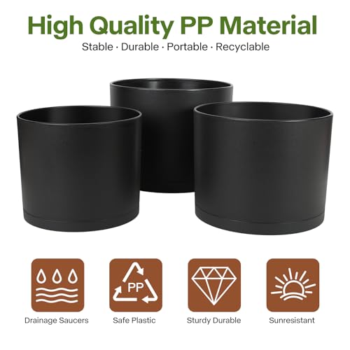 3 Pack Cylinder Planter Set 10/9/8 Inch White Indoor Plant Pots | Modern flower pots with drainage holes and saucers. For outdoor garden, succulent, nursery, and house plants. - color: Black