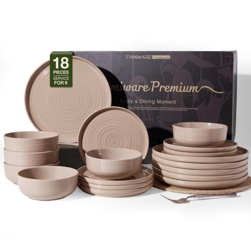 Stoneware Dinnerware Sets for 6, Plates and Bowls, Brown | 18-Piece Ceramic Speckled Spiral Dishes, Chip & Scratch Resistant, Microwave & Dishwasher Safe, Everyday Use, Farmhouse Style - color: Cinnamon Brown, size: Service for 6 (18pc)
