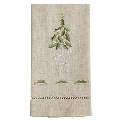 Saro Lifestyle Embroidered and Hemstitched Topiary Guest Towel (Set of 4), Natural, 14"x22" - color: Topiary