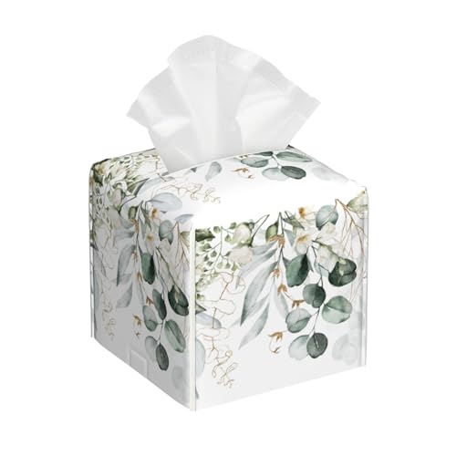 Eucalyptus Leaves and Flowers Tissue Box Cover Square,Watercolor Green Leaves Branches Tissue Box Holder Waterproof Leather Facial Paper Organizer Dispenser for Bathroom Home Car Nightstand Vanity - color: Color-11