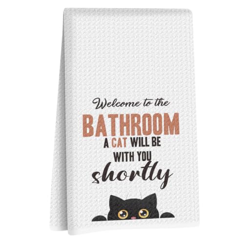 NISTOMISU Cat Mom Gifts for Women, Funny Black Cat Hand Towels 14x24 Inch | Humorous Black Kitty Decorative Hand Towels for Bathroom Decor, Funny Bathroom Decor, Reusable Waffle Weave Absorbent Towel - color: Funny Cat Bathroom Sign