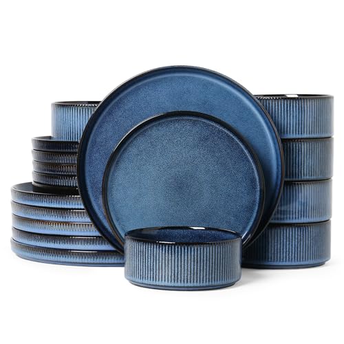 18PCS Ceramic Dinnerware Set for 6,Stoneware Plates and Bowls Sets | Reactive Glaze Dish Set,Scratch Resistant Tableware Set,Reactive Glaze,Microwave & Dishwasher Safe,Dark Blue - color: Dark Blue, size: Service for 6（18PCS）