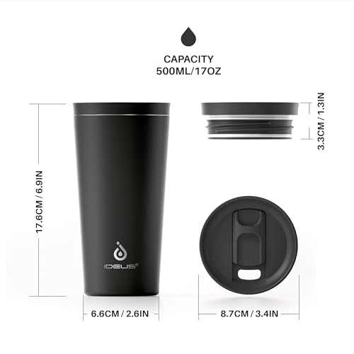 Ideus 17 oz Travel Coffee Mug, Double Wall Vacuum Stainless Steel Insulated Coffee Tumbler With Lid, Splash-Proof & Cup Holder Friendly, Keeps Drinks Hot/Cold, Dishwasher Safe, Black - color: Matte Black