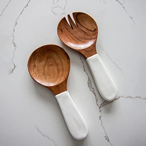 Wooden Salad Servers, Set of 2, Acacia Wood & White Enamel Tongs, Handcrafted Serving Utensils - color: White Enamel