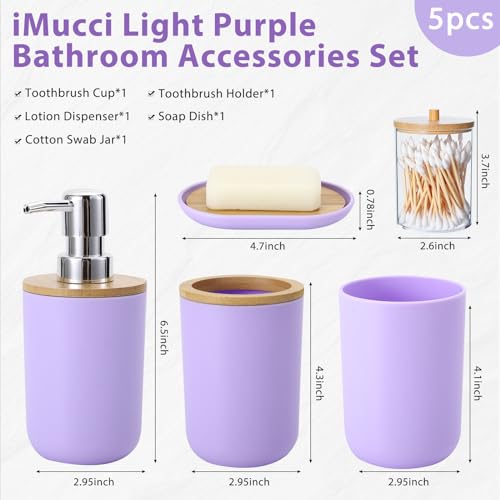 Bathroom Accessories Set 5Piece Light Purple Bathroom Sets, Toothbrush Holder, Toothbrush Cup, Lotion Soap Dispenser, Soap Dish and Qtip Holder Bathroom Decor - style: Light Purple