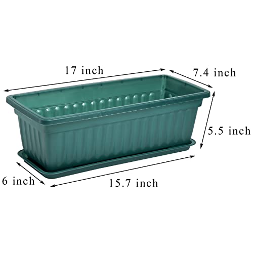 Fasmov 7 Pack 17 Inches Flower Window Box Plastic Vegetable Planters with Trays Vegetables Growing Container Garden Flower Plant Pot with 7 Pcs Plant Labels for Balcony, Patio, Garden, Green - color: 7pack, Green