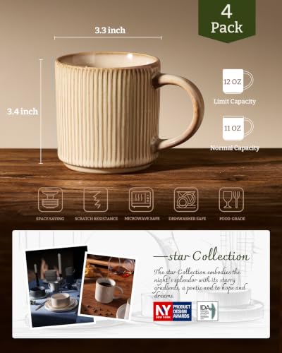 famiware Coffee Mug Set of 4, Star 12 oz Ceramic Mugs Cups Set with Handle | Stoneware Stackable Catering Cup for Coffee, Tea, Cappuccino, Latte, Microwave & Dishwasher Safe, Cream - color: Star-Cream, size: 4 Count (Pack of 1)