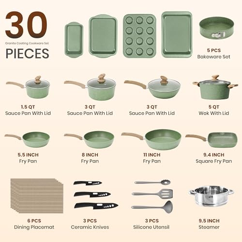 Kitchen Academy 30pcs Pots and Pans, Nonstick Cookware and Bakeware Sets | Induction Kitchen Cooking Set, Durable, Easy Food Release, Even Heating - color: Green, size: 30 PCS Cookware Set