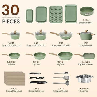 Kitchen Academy 30pcs Pots and Pans, Nonstick Cookware and Bakeware Sets | Induction Kitchen Cooking Set, Durable, Easy Food Release, Even Heating - color: Green, size: 30 PCS Cookware Set