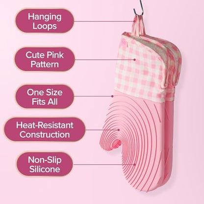 Paris Hilton Oven Mitt Set with Limited Edition Pink Gingham Design, Heat Resistant Pot Holders Featuring Non-Slip Textured Silicone Grips, 2-Piece Set, Pink - style: Pink Gingham