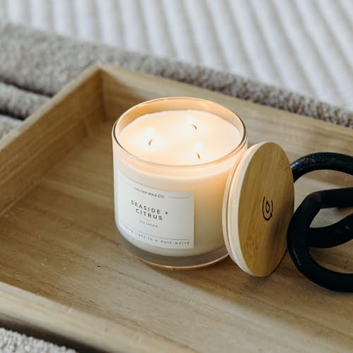 Seaside & Citrus 3 Wick Scented Candle - 43 Hour Burn | Made in the USA Luxury Clean Soy Wax Candles - Long Lasting Large Glass Jar Candle for Home - 3 Wicks - 14.9oz - color: Seaside + Citrus