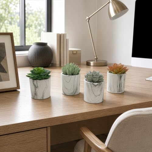 4.75" Set of Assorted Succulent Artificial Plants w/Fake Marble Pots -Green/Burgundy