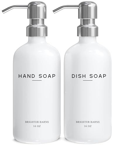 White Glass Hand and Dish Soap Dispenser Set by Brighter Barns - Modern Kitchen Soap Dispenser Set & Pump for Sink - Farmhouse Home Decor, Minimalist Kitchen Accessories (White) - color: Silver Hd
