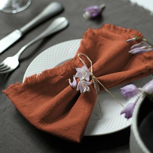 Handmade Cloth Napkins 100% Cotton Napkins with Fringe，Delicate Handmade Cloth Napkins for Dinners, Parties, Weddings and More，18 x 18 Inch Set of 4 - Terracotta - color: Terracotta