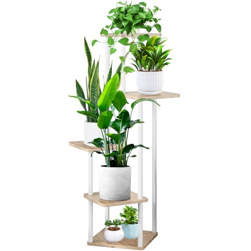 5 Tier Plant Stand Indoor, Thickened Metal Wood Corner Plant Shelf Stands for Multiple Plants, Indoor Tall Plants Stand Tiered Flower Holder for Living Room Patio Garden Balcony(White+Oak) - color: White+Oak, size: 5 Tier