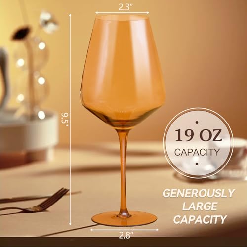Brown Wine Glasses Set of 6, 19.5oz Amber Wine Glasses, Hand-Blown | Premium Lead-Free Crystal, Large Venus Wine Glasses with Long Stem, Ideal Gift for Fall, Autumn, Daily Use, Special Occasions - color: 19.5oz amber wine glasses