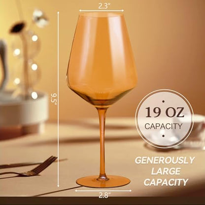Brown Wine Glasses Set of 6, 19.5oz Amber Wine Glasses, Hand-Blown | Premium Lead-Free Crystal, Large Venus Wine Glasses with Long Stem, Ideal Gift for Fall, Autumn, Daily Use, Special Occasions - color: 19.5oz amber wine glasses