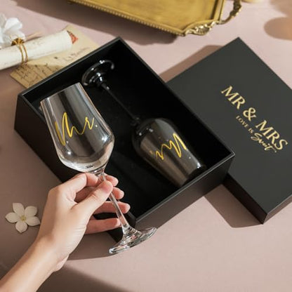 AW BRIDAL Mr and Mrs Wine Glasses Set of 2 for Engagement Bridal Shower | Wedding Gifts for Newlywed Couples 2026, Anniversary Wine Glass Gift Basket for Bride Groom and Fiance Fiancee - style: Mr & Mrs - Black