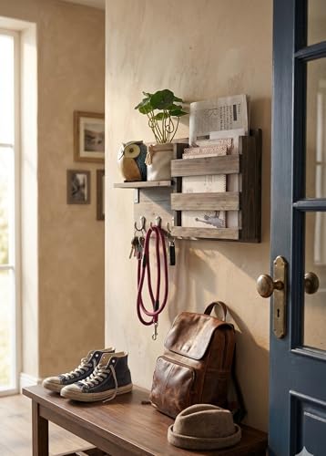 Wall-Mounted Key Holder Hooks - Rustic Wood Weathered Grey & Black - Entryway Organizer for Mail, Leashes, and Purses - Floating Shelf, 16.5” W x 9.75" H x 4.5” D - color: Weathered Grey & Black Organizer & Wood Shelf