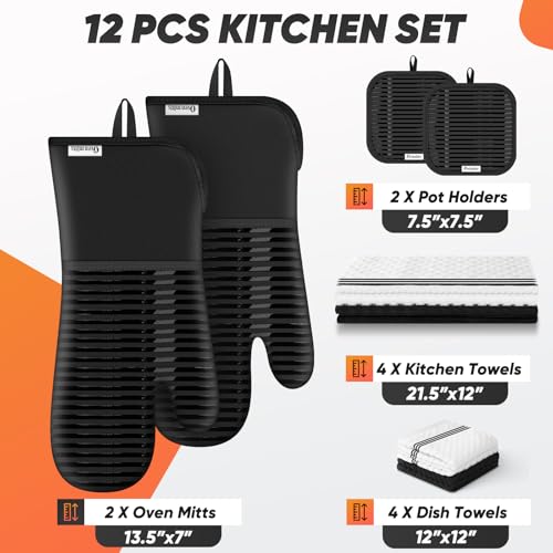 Oven Mitts Kitchen Towels and Dishcloths with Pot Holders Sets, Oven Gloves Hot Pads 500°F Heat Resistant with Silicone Grip, Include 2 Cooking Gloves/2 Potholders/4 Kitchen Towels/4 Dish Towels - color: Black