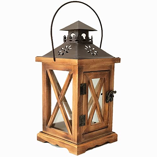 Vintage Wooden Rustic Lantern, SYCYULAN Decorative Candle Lantern with Farmhouse Style for Table Top Mantle Wall Hanging Display Wedding Party Decor Indoor Outdoor (Brown) - color: Brown