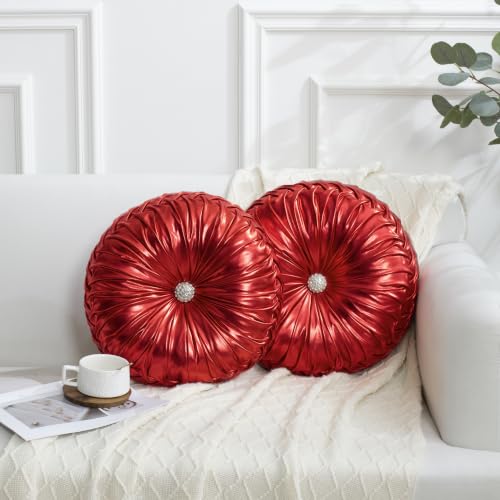 HIG Set of 2 Red Metallic Leather Decorative Round Pleated Throw Pillows | Vintage Floor Pillows, Classy Accent Pumpkin with Center Button, for Sofa Couch Vanity Chair Bed, 14.5" Diameter - color: F-red, size: 2 Count (14.5 Inch Diameter)